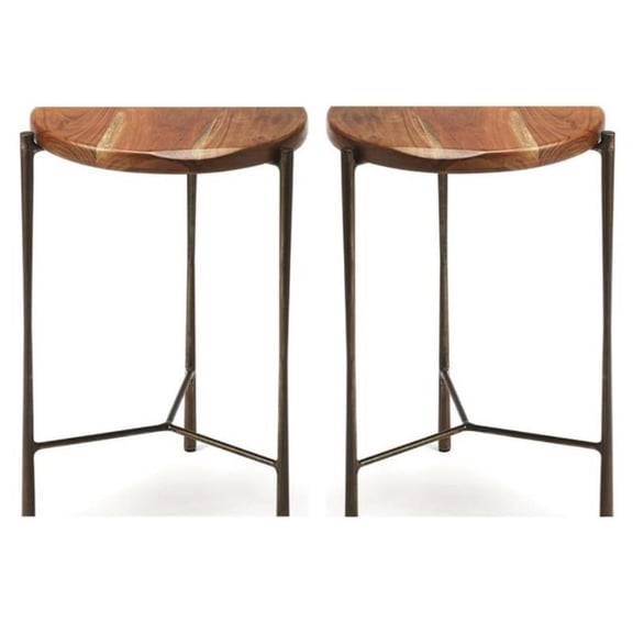 Home Square Round Acacia Wood Accent Table in Brown - Set of 2