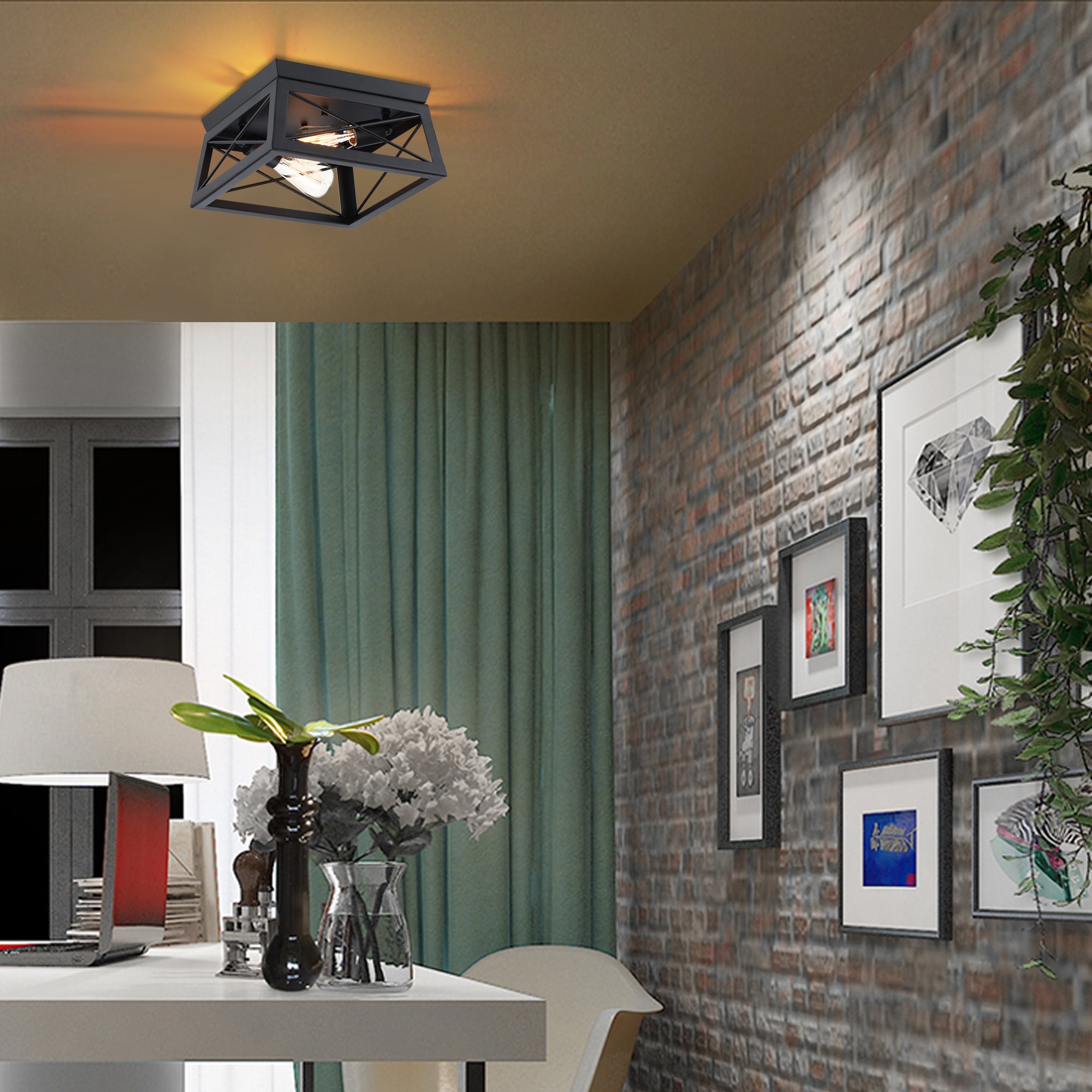 2-Light Farmhouse Flush Mount Ceiling Light Industrial Metal Light Fixture for Hallway, Bedroom, Kitchen, Living room