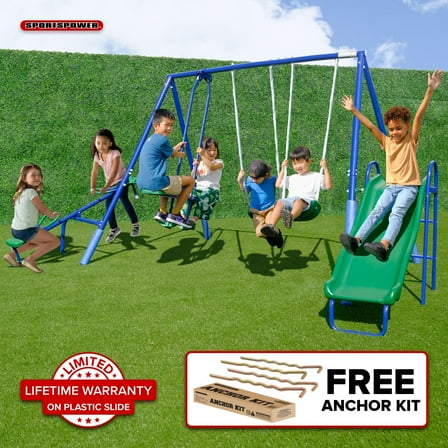 Sportspower Super Swing and Glide Metal Swing Set with 2 Person Glider Swing, Teeter Totter, 2 Blow Molded Swing Seats, 5' Double Wall Slide with Lifetime Warranty, and Bonus Anchor Kit