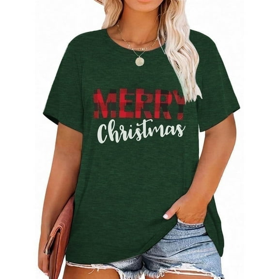 Anbech Merry Christmas Plus Size Shirts for Women Oversized T-Shirt Graphic Chrsitmas Tees Long Sleeve