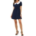 thumbnail image 2 of INSPIRE CHIC Women's Contrast Peter Pan Collar Puff Sleeve Fit and Flare Above Knee Dress L Navy Blue, 2 of 5