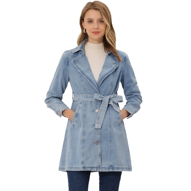 Chaqueta Vaquera Allegra K Larga con Cinturón y Solapa para Mujer Gris Azulado S