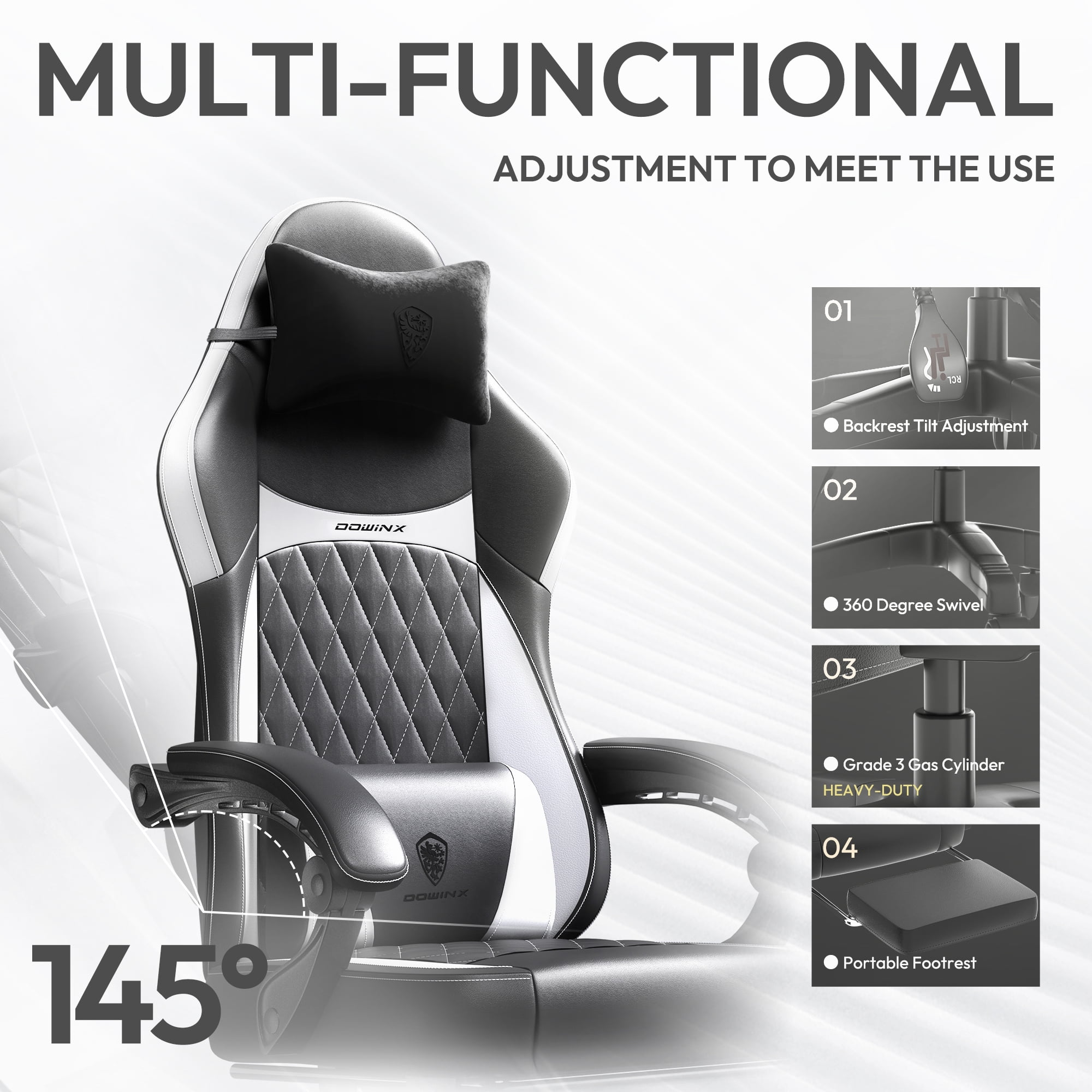 KARXAS Adult Gaming Chair Faux Leather PC Gaming Chair with Footrest and Lumbar Support, Black and White