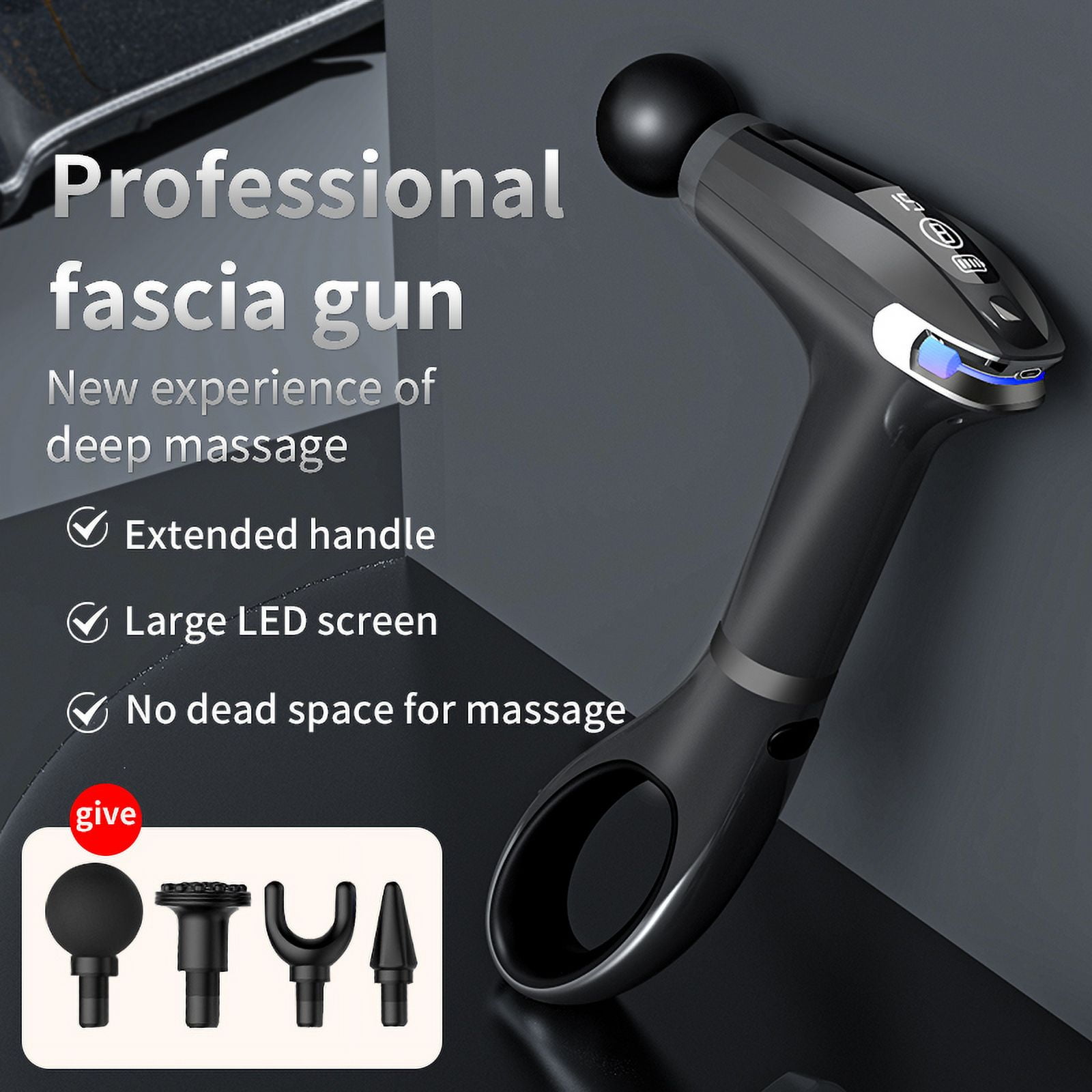 Portable Fascia Massage Gun with LED Display Removable Handle 4 Replaceable Heads Deep Tissue Muscle Relaxation