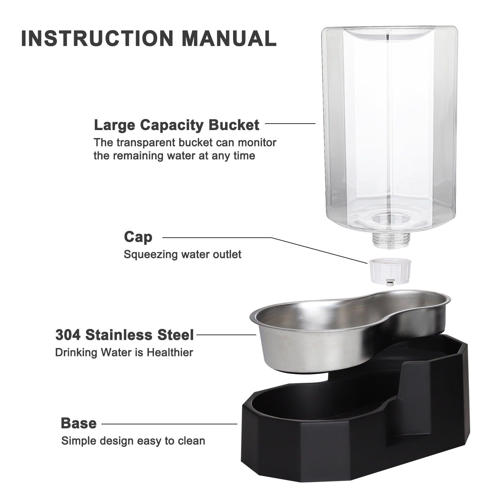 RIZZARI Black 6L Stainless Steel Pet Water Fountain: Automatic Gravity Stainless Steel Water Dispenser - 100% BPA-Free Waterer  for Dogs and Cats