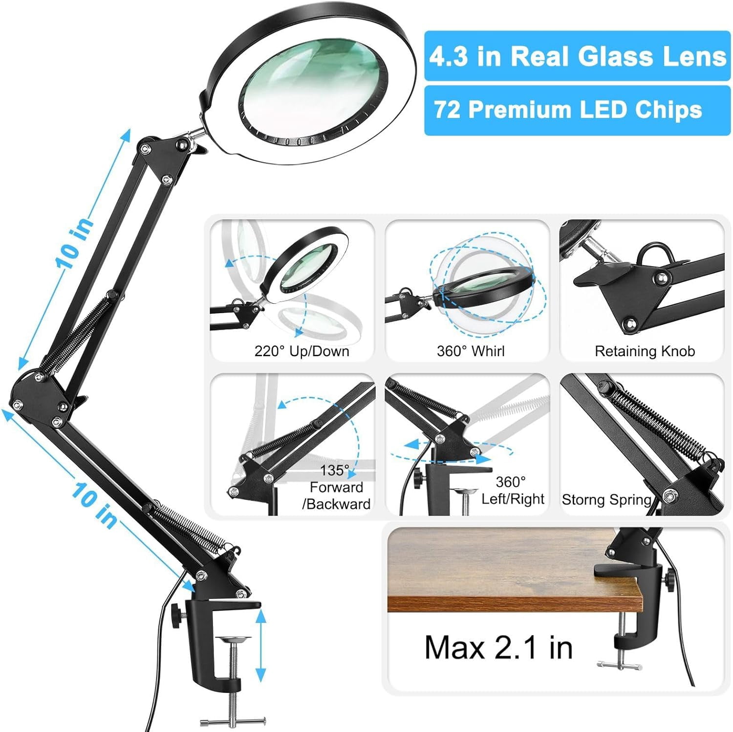 Magnifying Glass Lamp with Light and Stand, 5Color Modes & 5 Brightness Levels, Adjustable Swivel Arm for Close Work, Reading, Crafts, Repairing