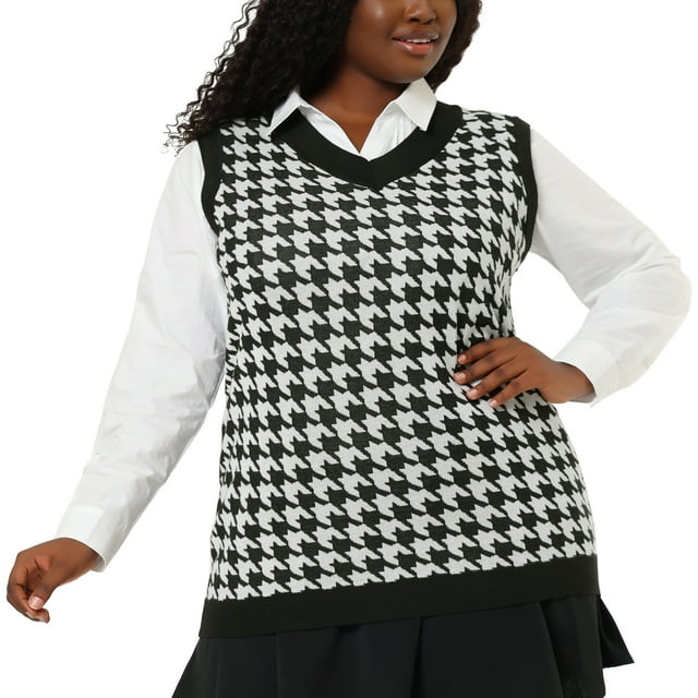 GRACE & GRANDEUR Women's Plus Size Houndstooth Vest V Neck Loose Knitted Sleeveless Sweaters