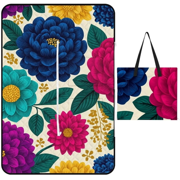 Dahlia Flower Picnic Blanket Waterproof Outdoor Beach Blanket Hand-held Pad Suitable for Travel, Camping, Beach, Family Gatherings