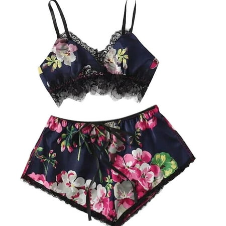 

YUUZONE Women Floral Print Pajamas Set 2pcs Eyelash Lace Trim Camis Top Bralette and Shorts Sleepwear Lingerie Nightwear