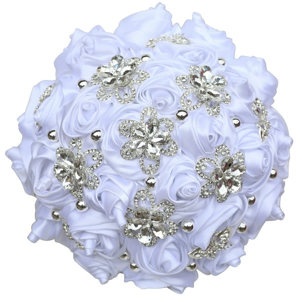 XmhyTop Ramo de novia para boda, dama de honor, rosa de satén, perlas artificiales, cintas de satén, ramo de flores para boda, blanco
