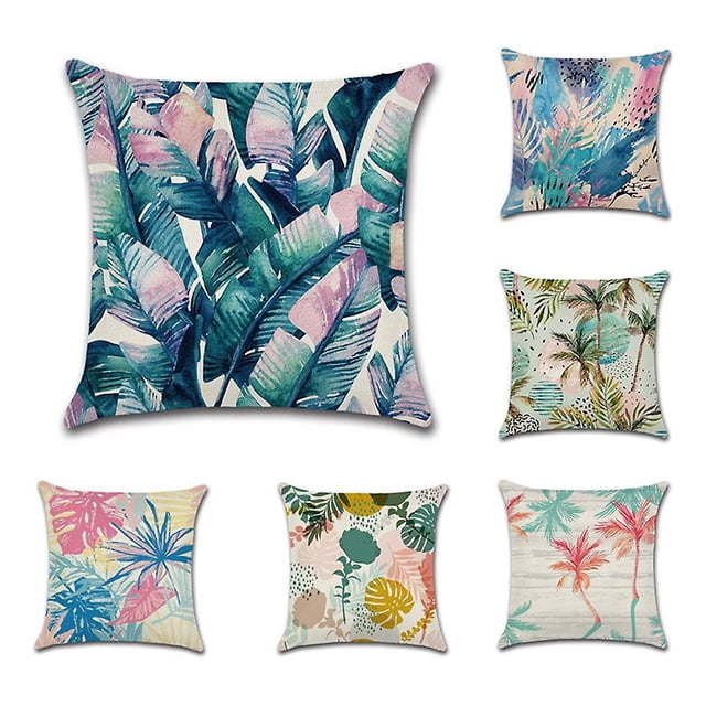 Funda de cojín, juego de 4, algodón y lino, diseño decorativo de plantas tropicales, flores y hojas, 45 x 45 cm, para sofá o dormitorio