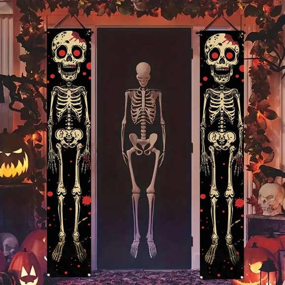 1 pair of 2D flat Halloween Skull Soldier Door Banner - Polyester multi-purpose hanging decoration, suitable for front doors, doorways, courtyards and home walls - No electricity required, Halloween