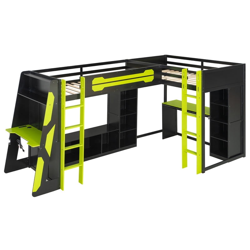 Twin Size L-Shaped Gaming Loft Bed with RGB LED Lights, Dual Twin Beds, USB Charging Ports & TV Stand, Wood Loft Bedframe Playhouse Bed with Storage Shelves & Reversible Layout