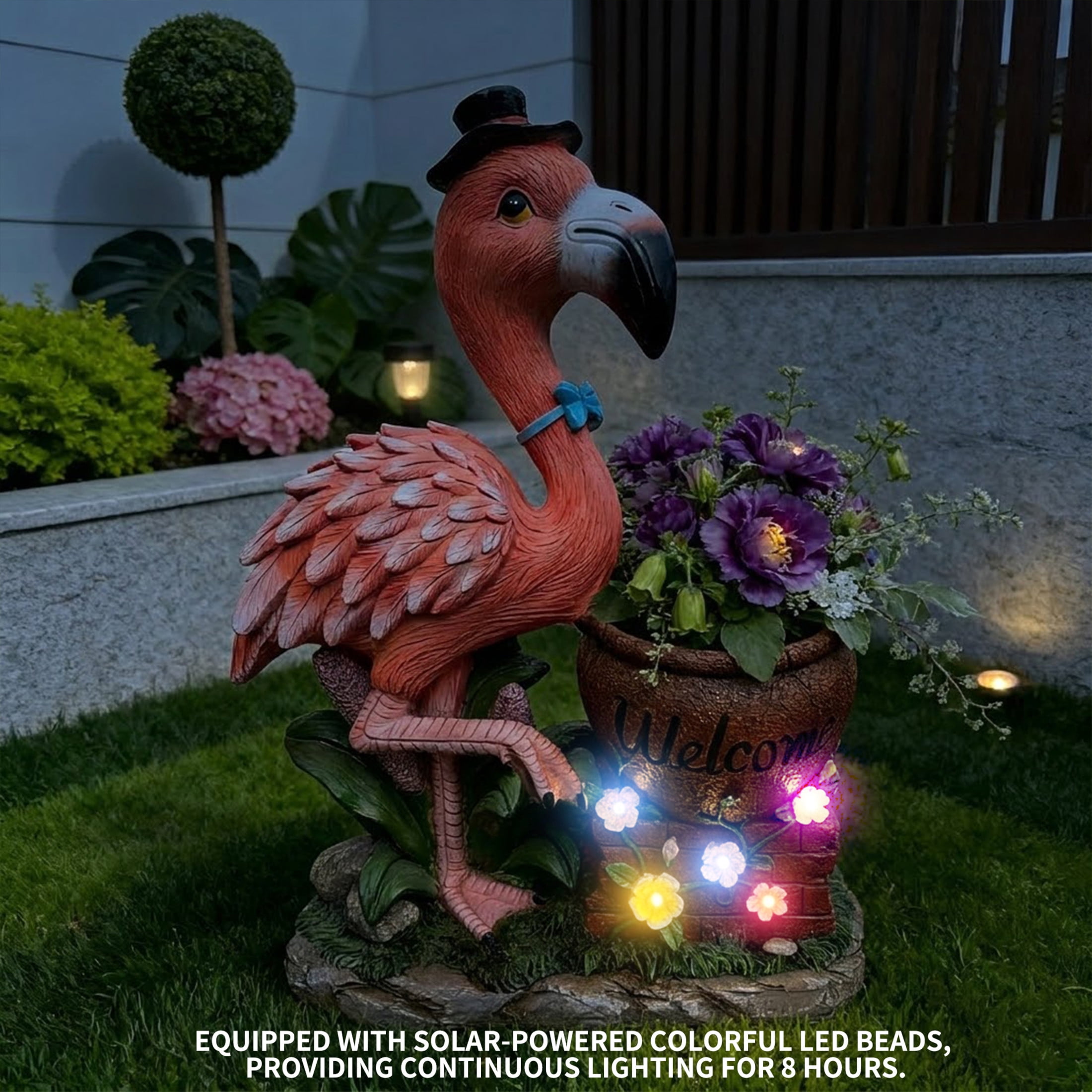 Noble House Black Hat Flamingo Garden Planter Pot, Whimsical Resin Figurine Flower Pot for Outdoor Porch and Yard Decor, Multicolor