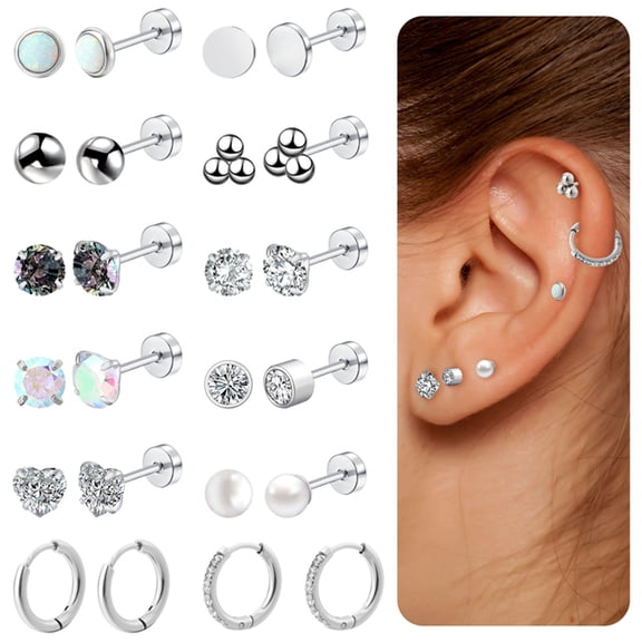 Bocaoying 12 Pairs Flat Back Earrings Hypoallergenic, Cartilage Earrings Hoops Set, Helix Piercing Jewelry, 316L Surgical Stainless Steel Studs Earrings, Silver Nickel Lead Free Earring for Women Men