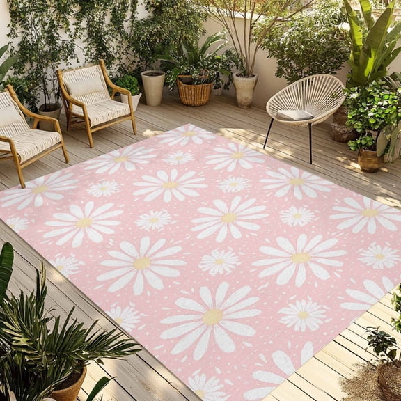 Pink Daisy Outdoor Rug for Patio/Deck/Porch, Non-Slip Large Area Rug 3 x 5 Ft, Spring Floral Elegant Pastoral Botanical Indoor Outdoor Rugs Washable Area Rugs, Reversible Camping Rug Carpet Runner