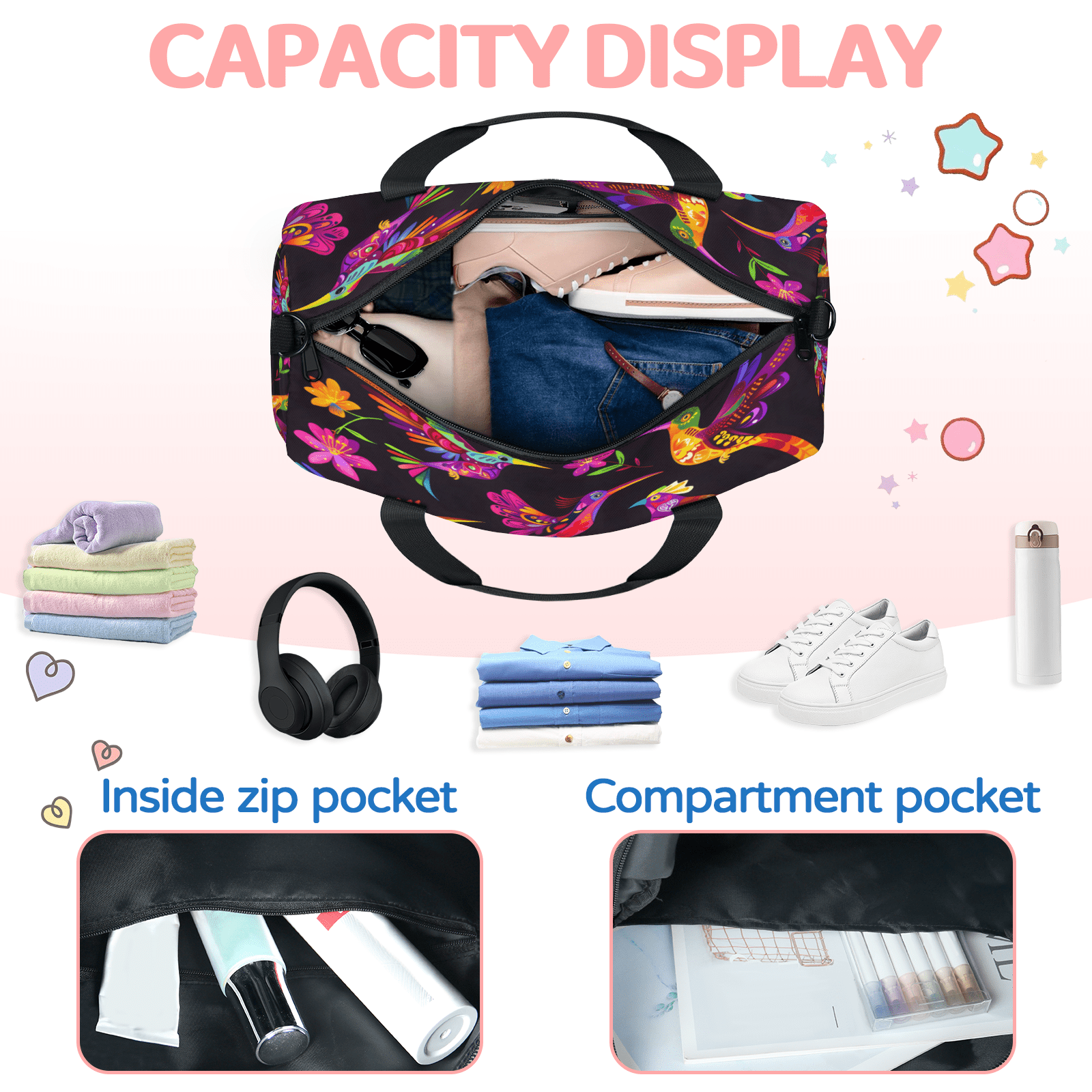 Herdesigns Colorful Hummingbird Gym Bag for Women, Duffle Bag for Travel Sport, Lightweight Waterproof Carry on Weekender Overnight Dance Yoga Workout Bags