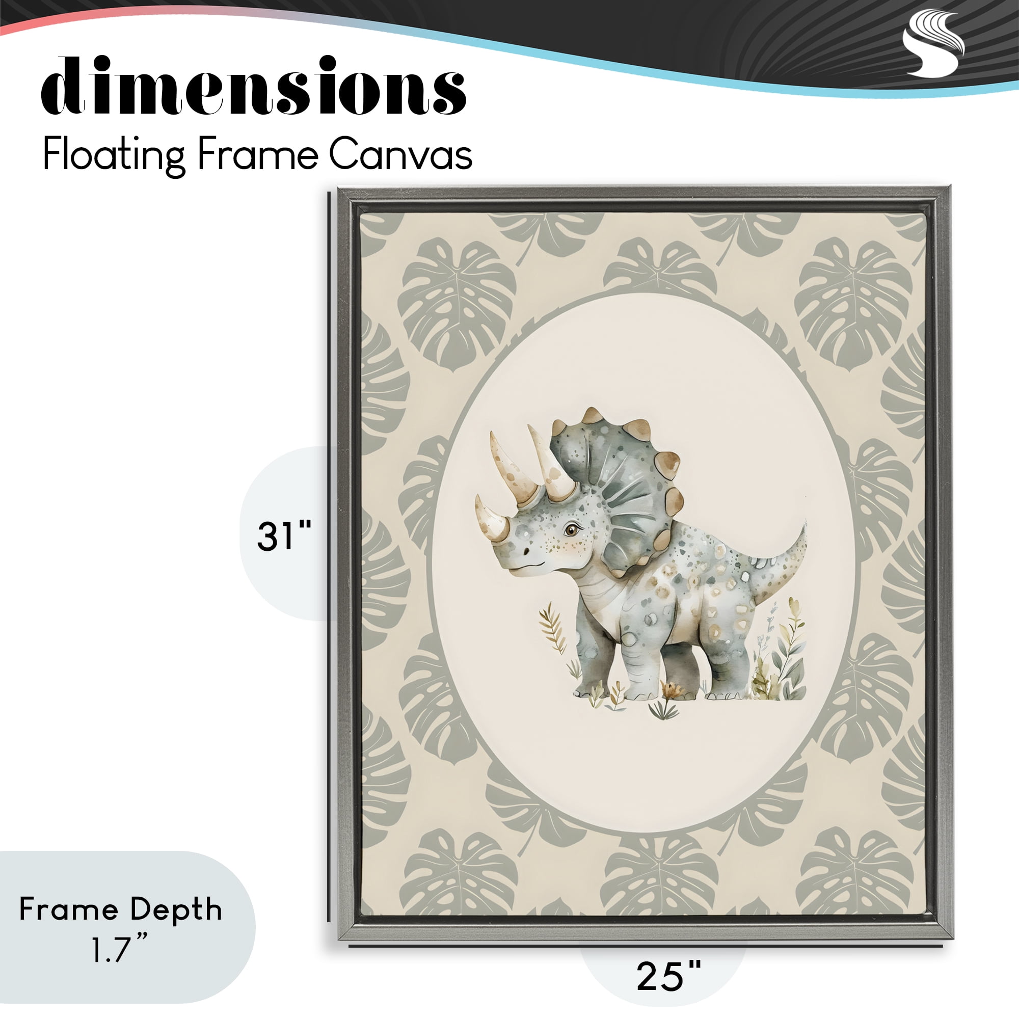 Stupell Industries Watercolor Dinosaur Tropical Border Gray Framed Floater Canvas Wall Art, design by LSR Design Studio