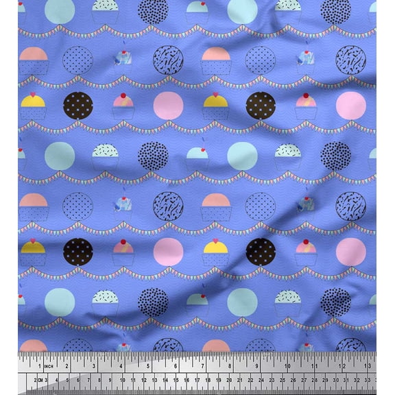 Soimoi Blue Poly Georgette Fabric Cookies & Cupcake Food Print Sewing Fabric Yard 42 Inch Wide