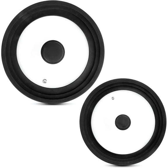 Modern Innovations Universal Lids (Set of 2) Fits 7 to 12-Inch Cookware, Silicone Replacement Pan Lid, Glass Top Covers for Skillets, Pots, Frying Pans, Cast Iron, CrockPot - Black