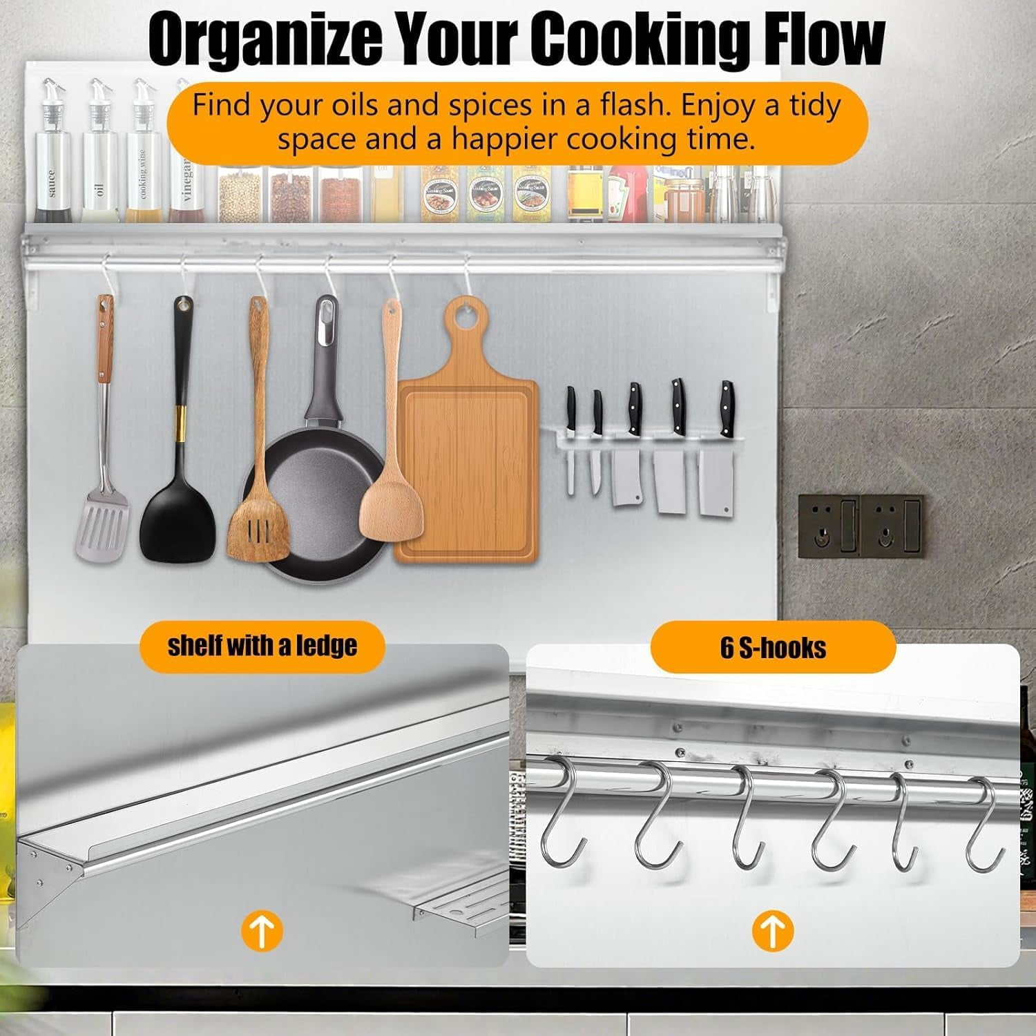 29.5"x29.5" Stainless Steel Range Backsplash,with Storage Shelf & Knife Rack,for Stove Hood - Wall Mount Kitchen Back Panel,with Pre-Drilled Holes,Commercial,Easy to Clean & Install