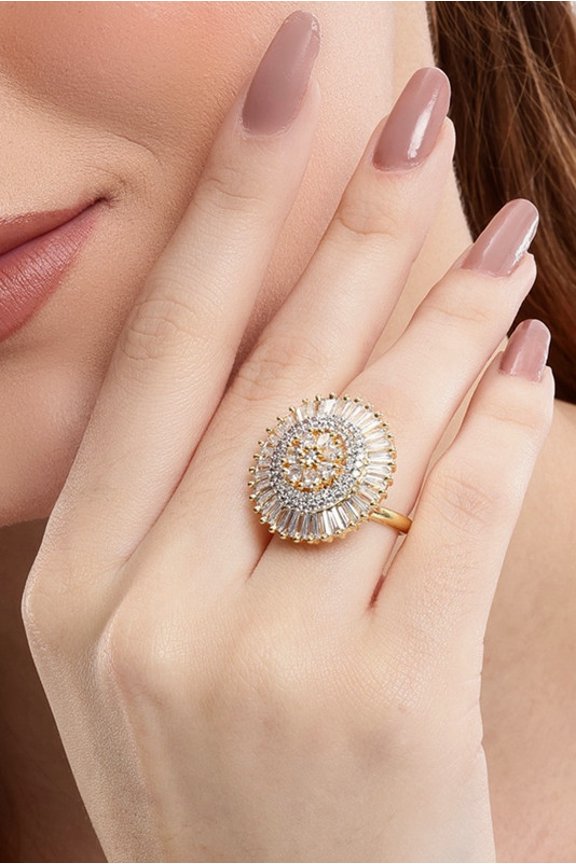 American Diamond Ring for Women 22K Gold Plated Adjustable Finger Ring CZ Stone | Bridal Wedding Engagement Ring | Ethnic Traditional Jewellery | Cocktail Ring for Girls | 1 Year Warranty