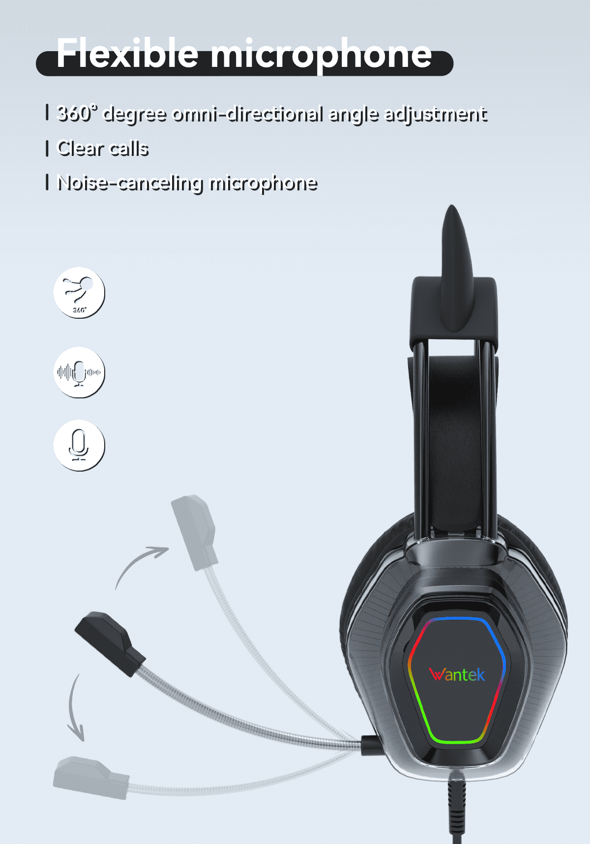 Wantek V10 Cat Ear Style Gaming Headset with comfortable fit and vibrant RGB lighting, Hi-Fi Sound - Black