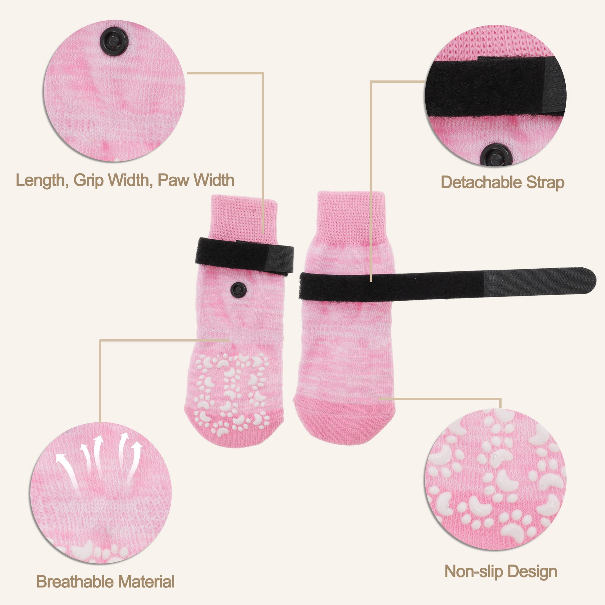 Unique Bargains 4 Pcs Non-Slip Dog Socks with Adjustable Tapes Pink L
