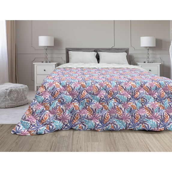 Summer Down Alternative Comforter, Hawaiian Art Jungle Blossoms Hibiscus Tropical Palm Leaves Aloha, Microfiber Quilt for All Season, 5 Sizes, Dark Magenta and Sky Blue, by Ambesonne