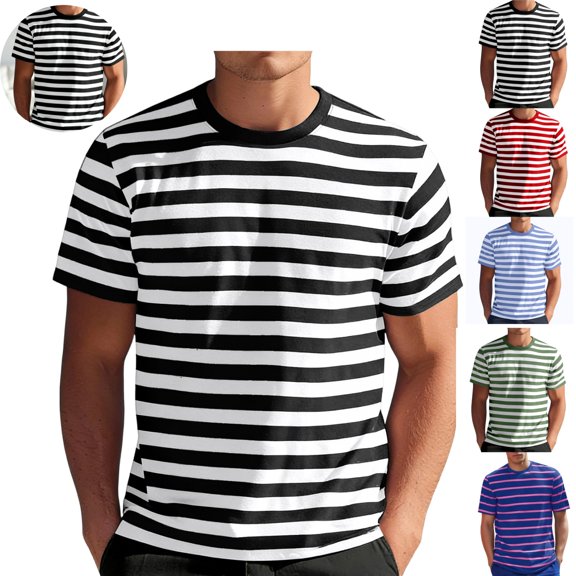 Mfakffe Mens Short Sleeve T-Shirts Striped Casual Crewneck Breathable Basic Shirt Color Block Stretch Lightweight Summer Beach Tees