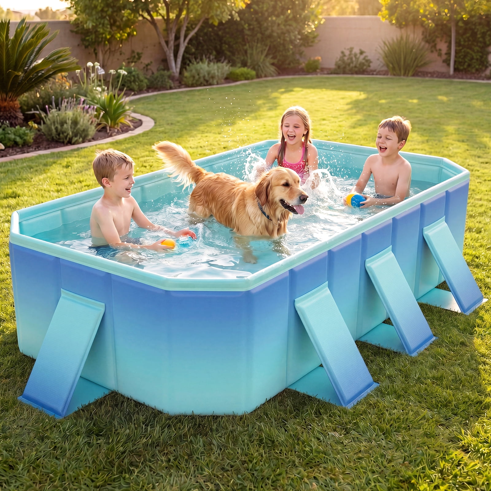 Costway Non-Inflatable Swimming Pool with 24 Wall Panels & 8 Support Panels for Adults Kids Gradient + Green