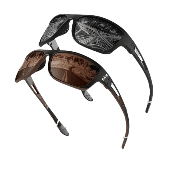 Lentes De Sol Polarizados Hombres Protección Uv400 2 Piezas Belug, negro marrón
