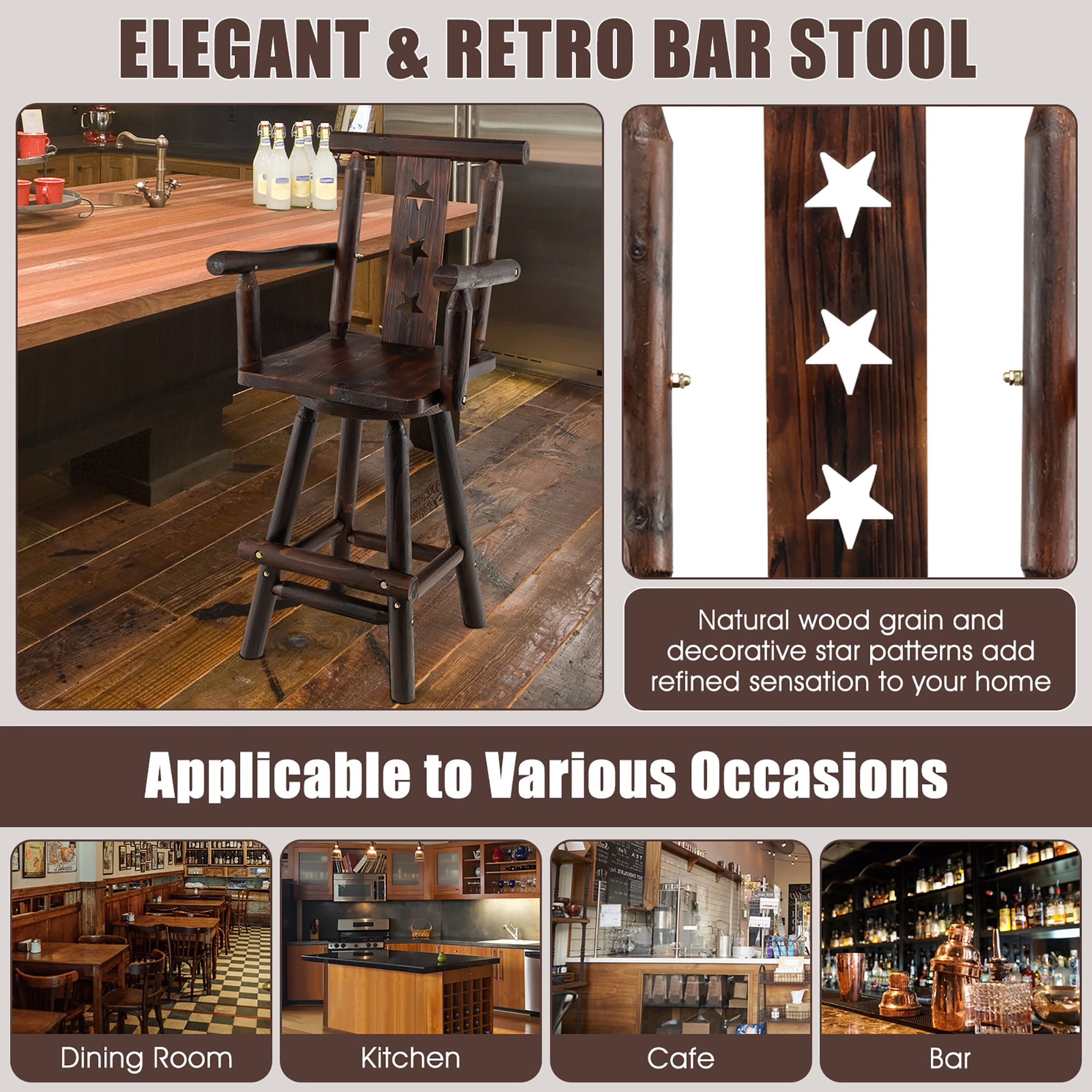 Costway Set of 2 Wooden Bar Stools Swivel Bar Height Kitchen Patio Chairs with Armrest
