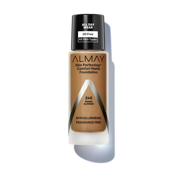Almay Skin Perfecting Comfort Matte Foundation, Hypoallergenic, Cruelty Free, Fragrance Free, Dermatologist Tested Liquid Makeup, 240 Warm Almond, 1 fl oz