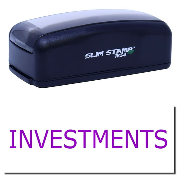 Large Pre-Inked Investments Stamp, Slim 1854, Ultra Slim Design, Impression Size 1-13/16" by 2-1/2", Up to 25,000 Impressions - Purple Ink