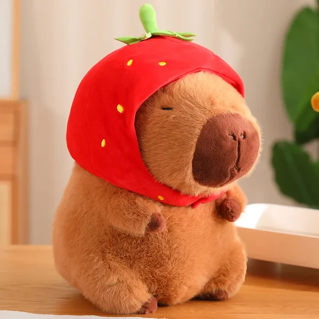 Lindo juguete de felpa Capybara Kawaii, Capibara esponjosa con bolsa de tortuga, gorra de fresa, animales de peluche, regalo de cumpleaños para niños, decoración del hogar