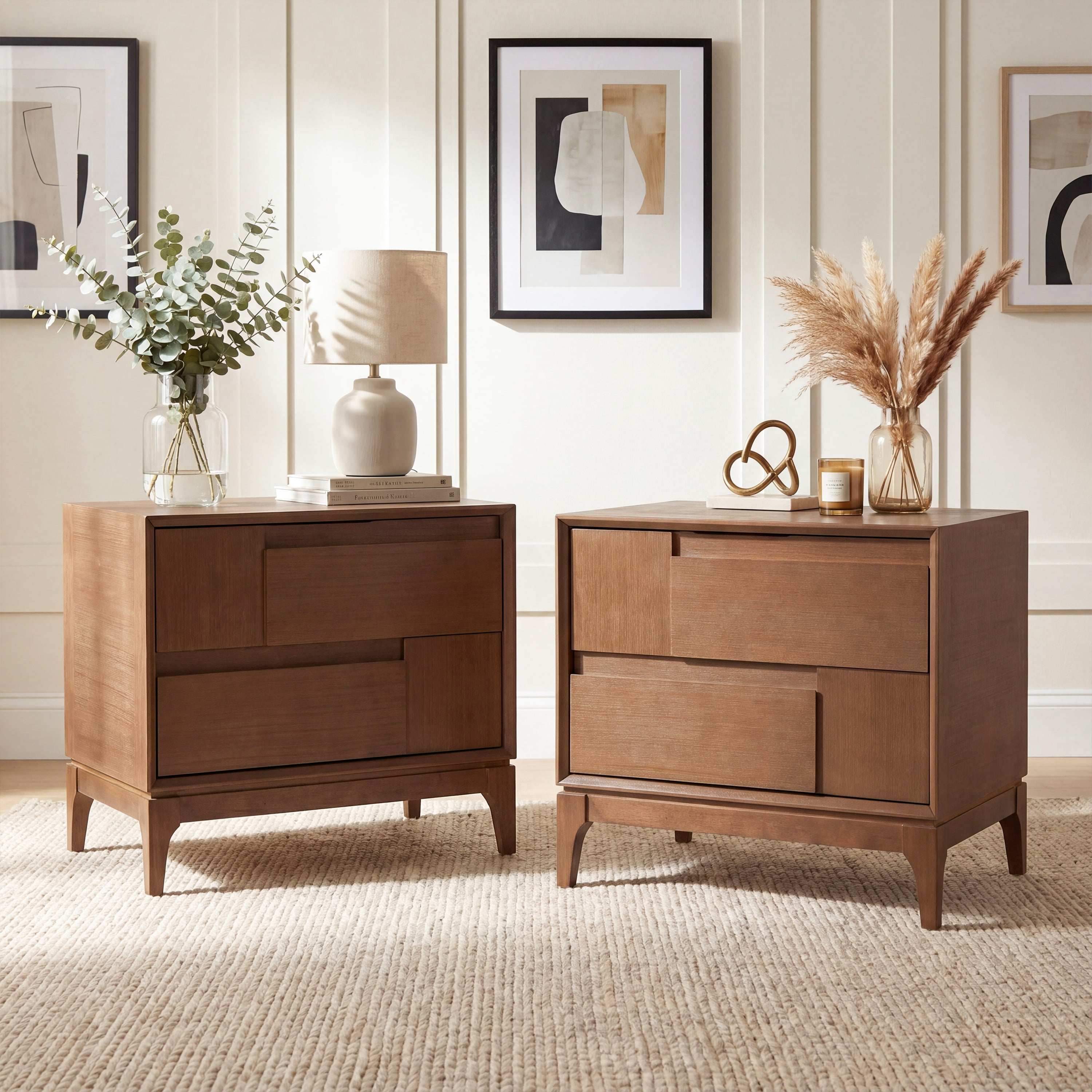 Euroco Mid-Century Modern Nightstand with 2 Storage Drawers, 24" Wide End Table with Tapered Legs,Wood Bedside Table for Bedroom,Living Room,Brown