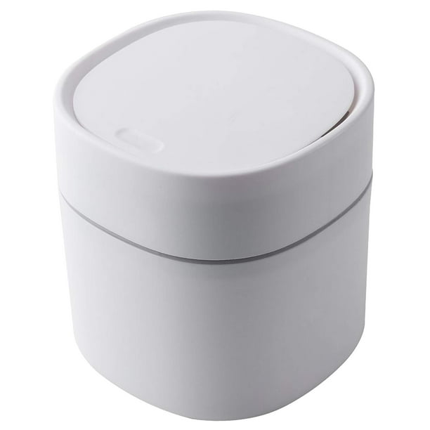 Mini bote de basura de plástico moderno con tapa - Papelera para tocador de baño, escritorio, mesa o mesa de café - 2 litros (prensa cuadrada - blanco)