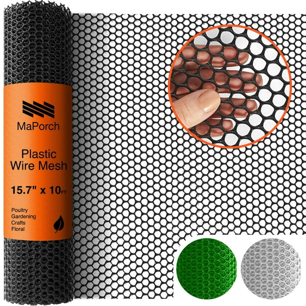 MaPorch Valla de malla de alambre de plástico – Negro 15.7" x 10 pies – Cerca de alambre de plástico para perros conejos y aves de corral – Red para pollos – Barrera de serpientes – Red de balcón para