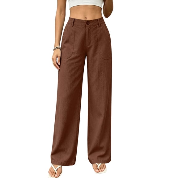 cocolona Womens Casual Work Pants Elastic Button Waist Straight Wide Leg Travel Lounge Pants with Pockets