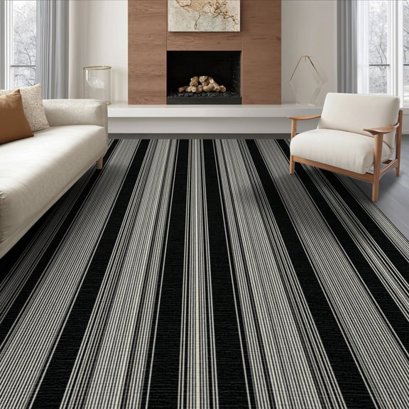 ODIKA 6'x9' Washable Area Rug Non-Slip, Chair-Friendly, Boho Pinstripe Border Door Cream Banded Ticking Farmhouse Striped Refined for Dining Room, Under Table, Office Décor