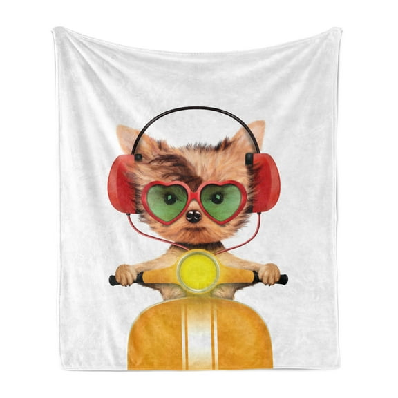 Dog Driver Soft Flannel Fleece Throw Blanket, Funny Puppy Riding a Motorbike with Heart Shapes Glasses and Headphones Humor, Cozy Plush for Indoor and Outdoor Use, 70" x 90", Multicolor, by Ambesonne