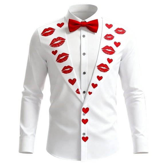 Mens T-Shirts Valentine's Day Print Blouses Long Sleeve Button Lapel Casual Tops for Man