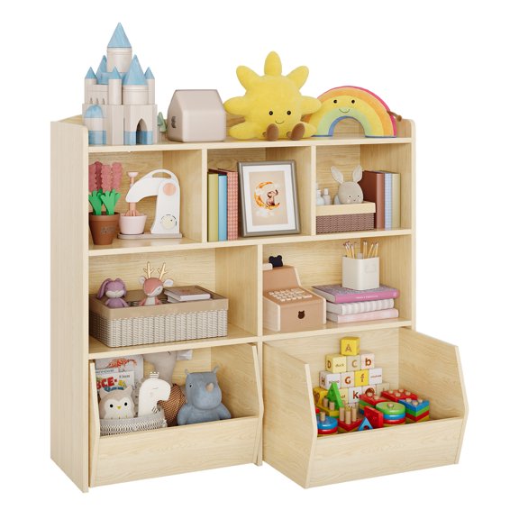Kids Toy Storage Cabinet with Bookshelf – 5 Open Cubbies, Movable Irregular-Shaped Drawers, Hidden Wheels – Playroom, Nursery, Bedroom, Living Room – Wood-Colored Irregular-Shaped Drawer Style