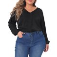 thumbnail image 2 of Unique Bargains Women's Plus Size Long Sleeve V Neck Chiffon Pleated Front Tops 1X Black, 2 of 6