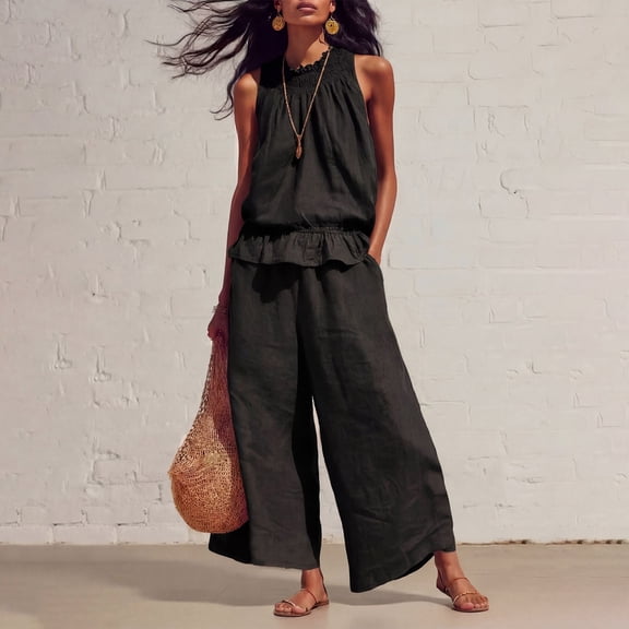 Women's Two Piece Outfit, Sleeveless Smocked Neck Top and High Waist Wide Leg Pants Set, Casual Summer Linen Look Matching Set with Pockets, Black L
