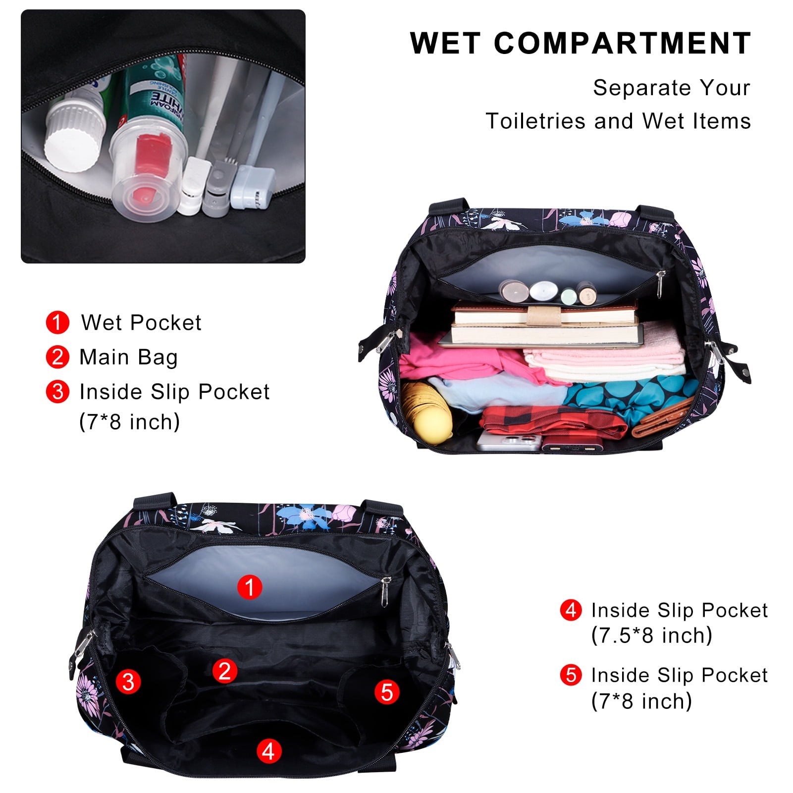 HAWEE Expandable Duffel Bag for Women with Trolley Sleeve and Wet Pocket Water Repellent Weekender Travel Tote Large Capacity Carry On Overnight Luggage for Gym/ Trip/ Camping/ Beach, Dreamy Flower