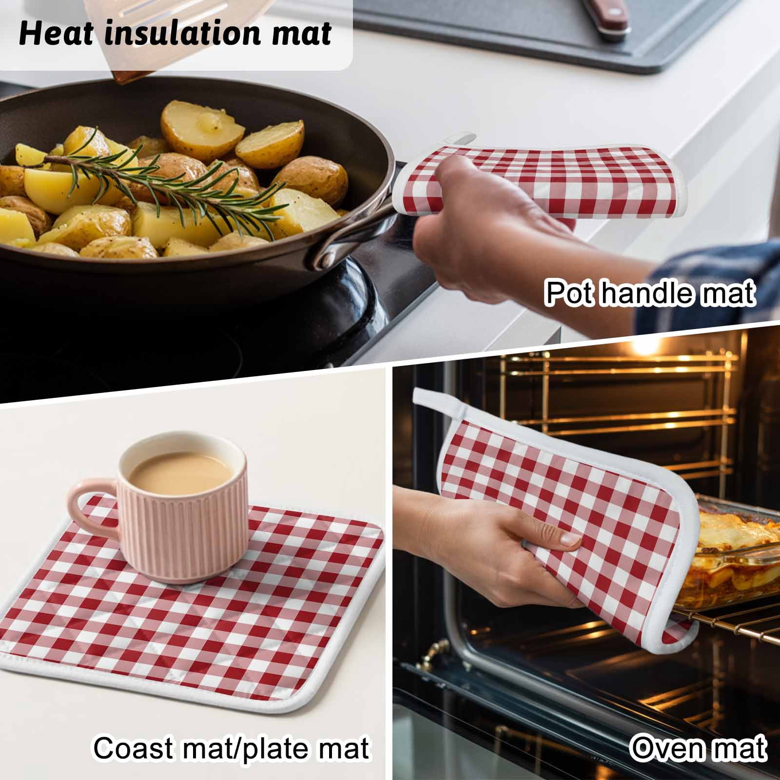 Farmhouse Red Plaid Pot Holders for Kitchen Heatproof Potholder, 3 Pack Rustic Red White Checkered Hot Pads Multipurpose Oven Pads Cloth Potholders Trivet for Cooking Baking
