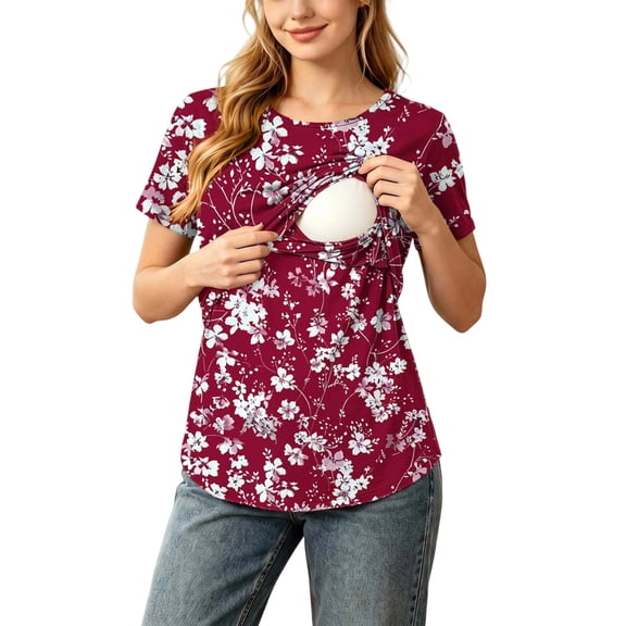 WAGUTH Women's Trendy Casual Print Maternity Tops Short Sleeve Double Layer Stretch Nursing Shirts Breastfeeding Tunic Blouses for Moms,Red,S