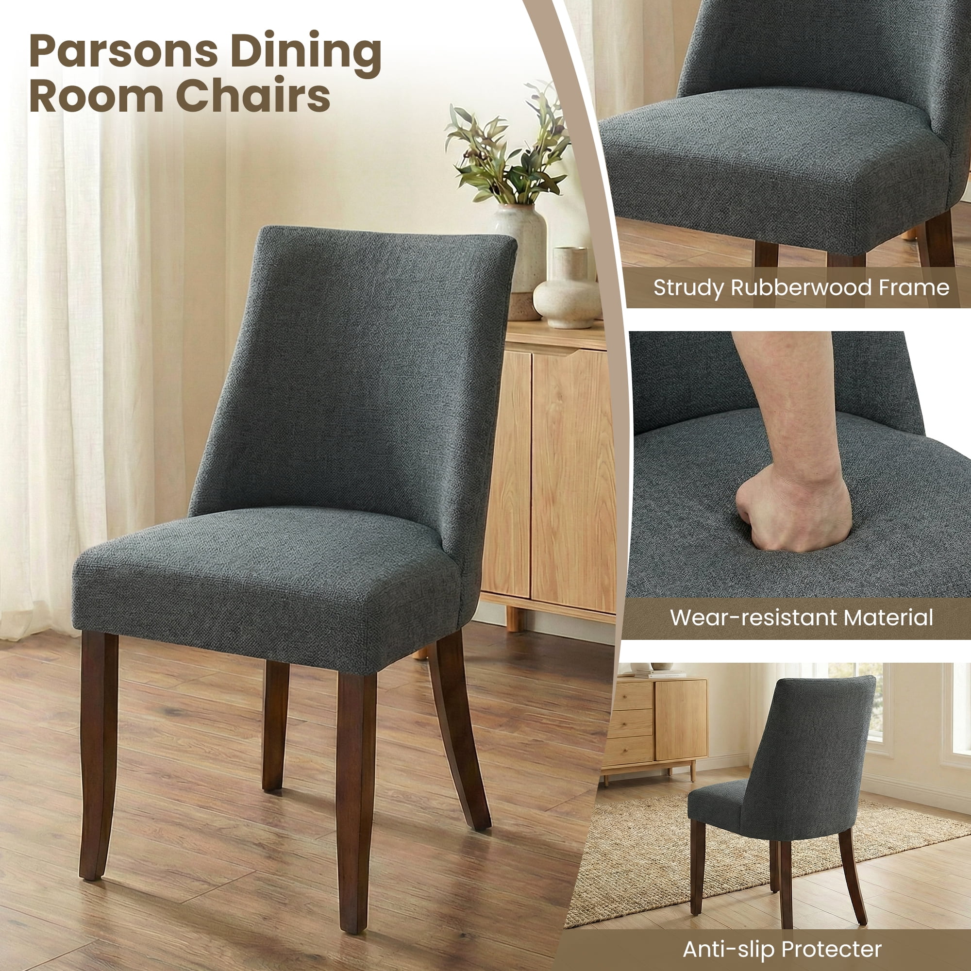 EOP Upholstered Dining Chairs Set of 4, Mid Century Modern Fabric Side Chairs with Solid Wood Legs, Comfortable Kitchen & Dining Room Chairs for Home, Restaurant Use, Dark Gray